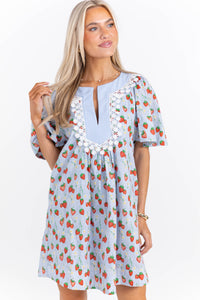 Just A Theory Light Blue Strawberry Printed Dress