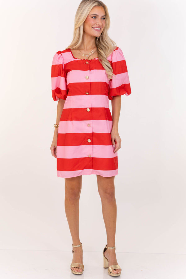 Carefree State Of Mind Pink Striped Puff Sleeve Shift Dress