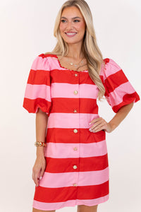 Carefree State Of Mind Pink Striped Puff Sleeve Shift Dress