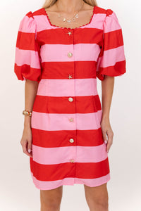 Carefree State Of Mind Pink Striped Puff Sleeve Shift Dress
