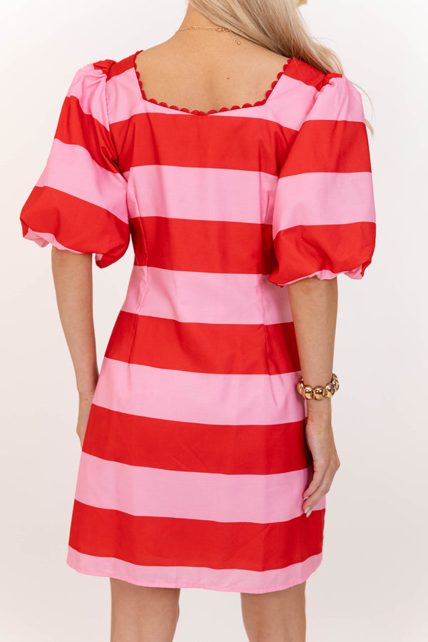 Carefree State Of Mind Pink Striped Puff Sleeve Shift Dress