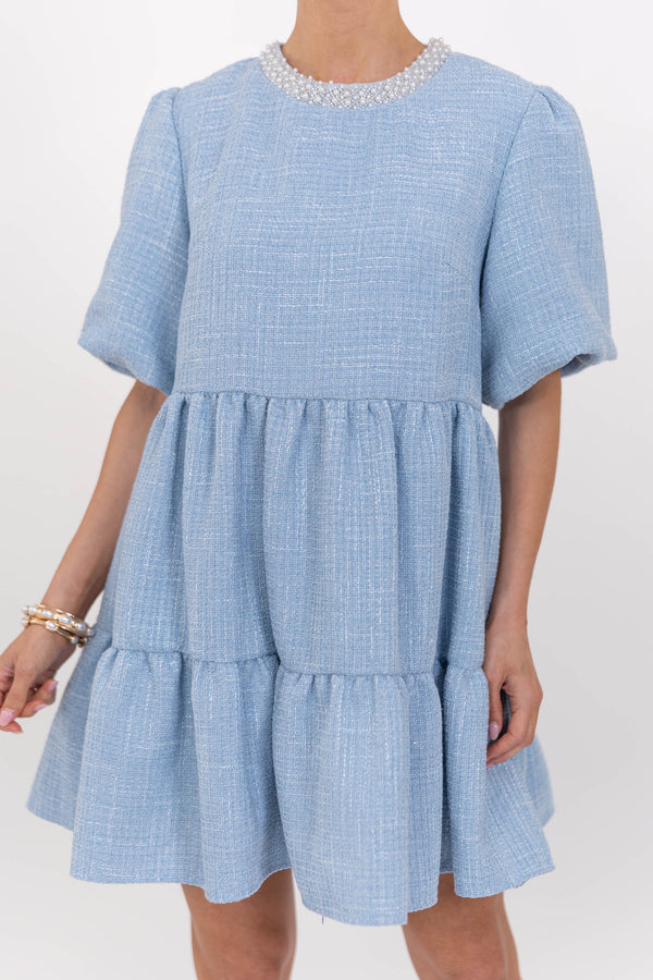 Cherished Moments Light Blue Tweed Babydoll Dress – Shop the Mint
