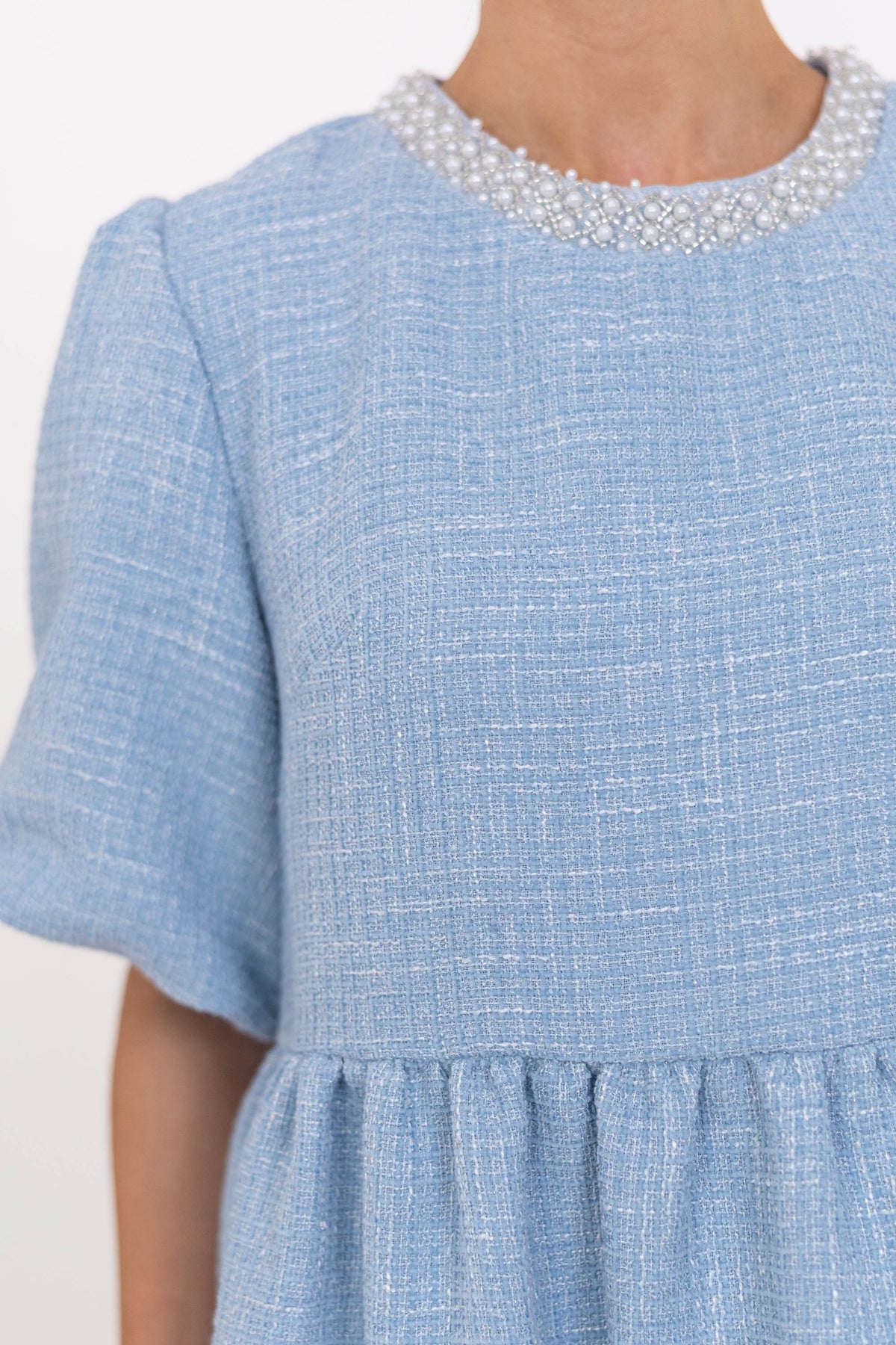Cherished Moments Light Blue Tweed Babydoll Dress – Shop the Mint