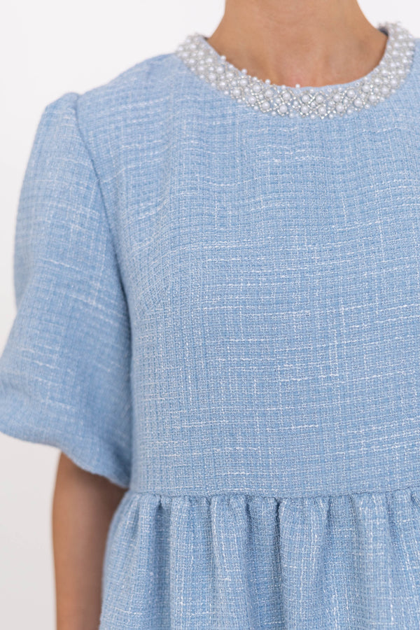 Cherished Moments Light Blue Tweed Babydoll Dress