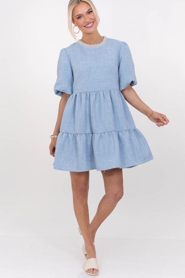 Cherished Moments Light Blue Tweed Babydoll Dress – Shop the Mint