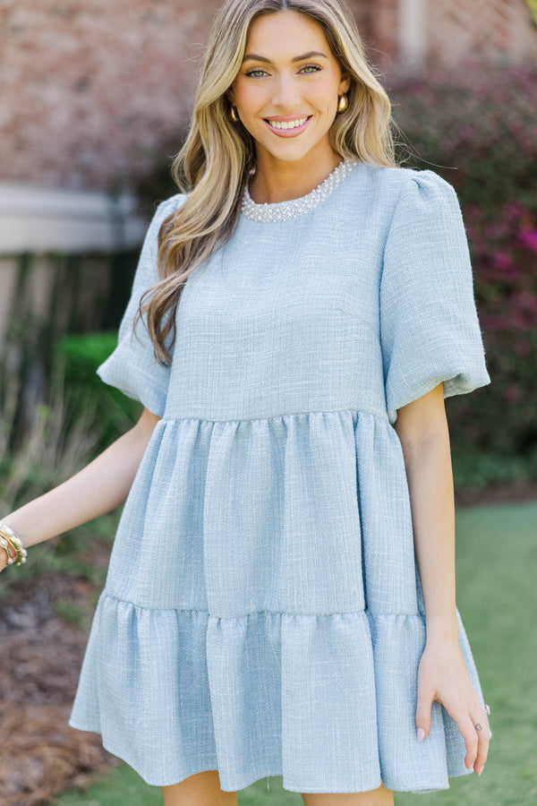 Cherished Moments Light Blue Tweed Babydoll Dress