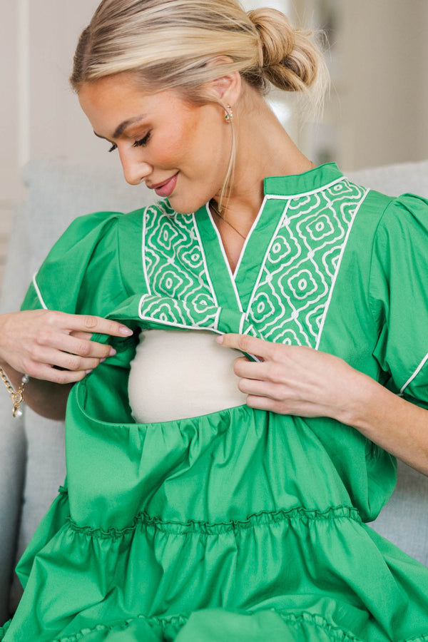 NURSING COLLECTION: The Right Fit Green Embroidered Babydoll Dress