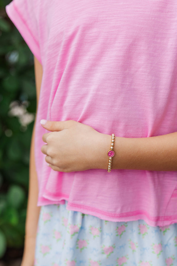 Girls: Soft Shine Pink Smiley Face Beaded Bracelet