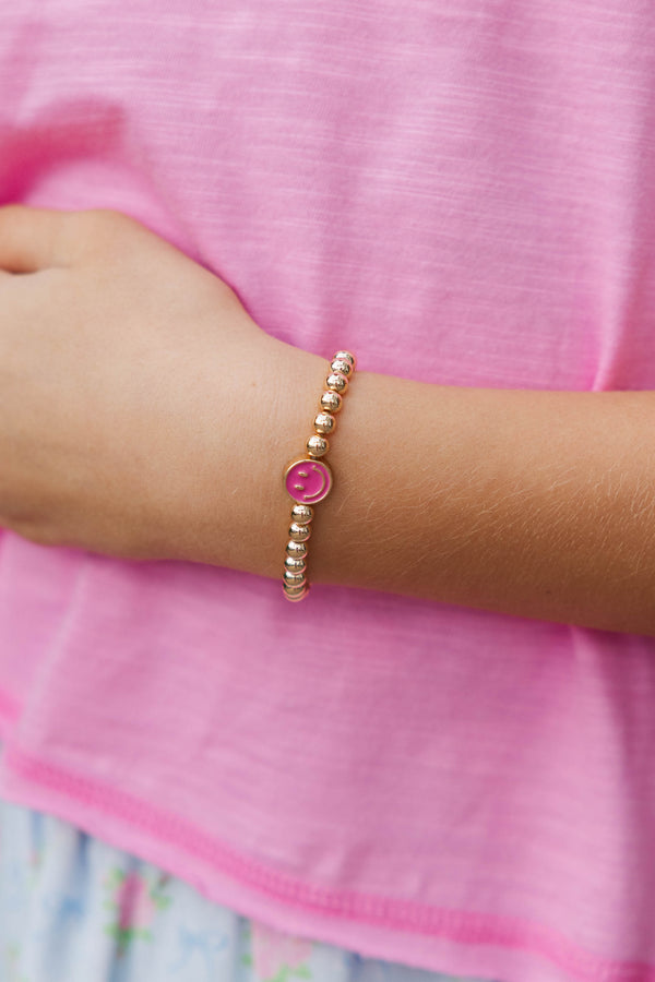 Girls: Soft Shine Pink Smiley Face Beaded Bracelet