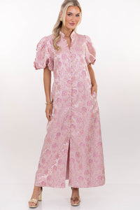 Listen To Me Pink Brocade Midi Dress