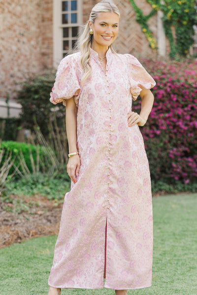 pink brocade dress Listen To Me Pink Brocade Midi Dress, X-Small - The Mint Julep Boutique