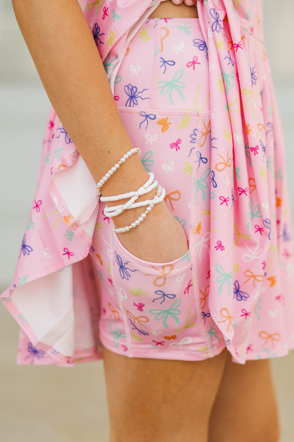 Girls: Twist of Fun Pink Bow Print Athletic Dress