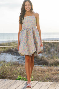 Girls: Sweet Girl Yellow Brocade Bubble Hem Dress