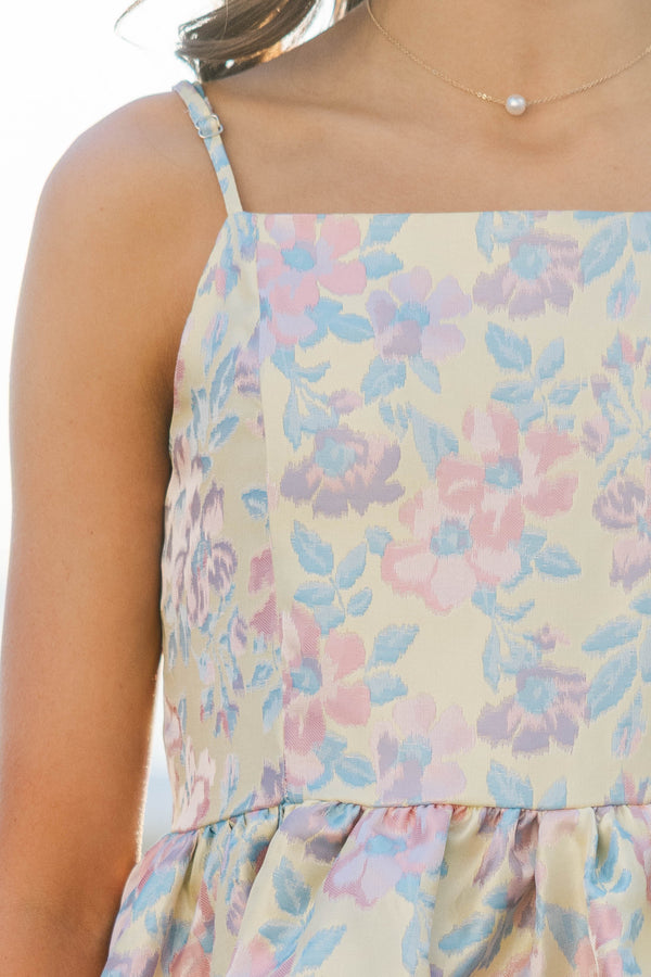Girls: Sweet Girl Yellow Brocade Bubble Hem Dress