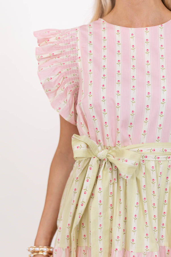 Bright Vibes Pink Mixed Print Midi Dress