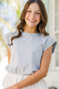 Girls: Radiant Glow Blue Pearl Embellished Blouse