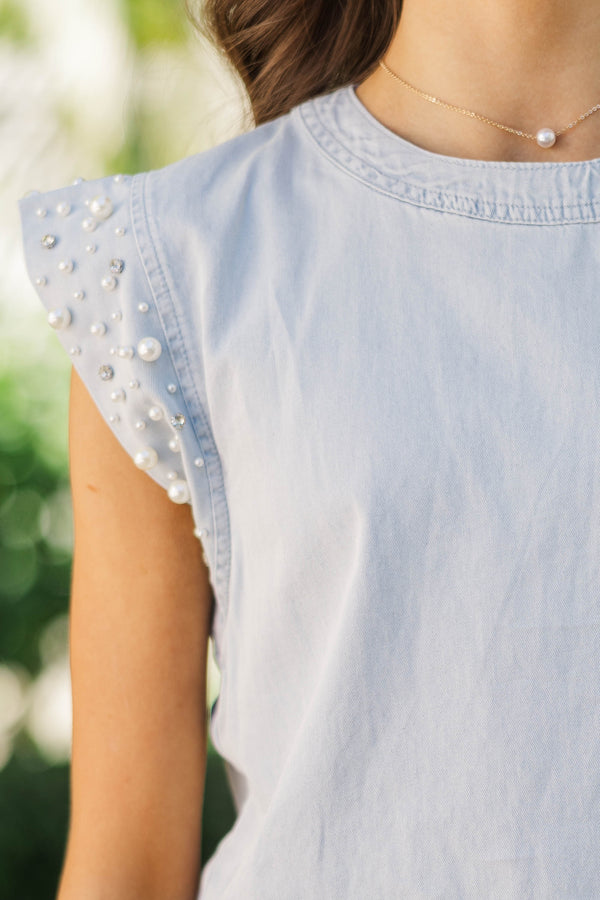 Girls: Radiant Glow Blue Pearl Embellished Blouse