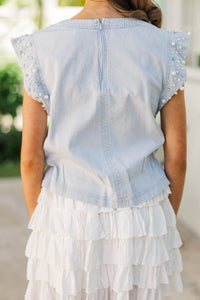Girls: Radiant Glow Blue Pearl Embellished Blouse