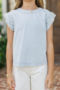 Girls: Radiant Glow Blue Pearl Embellished Blouse