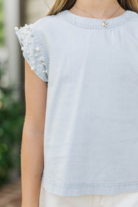 Girls: Radiant Glow Blue Pearl Embellished Blouse