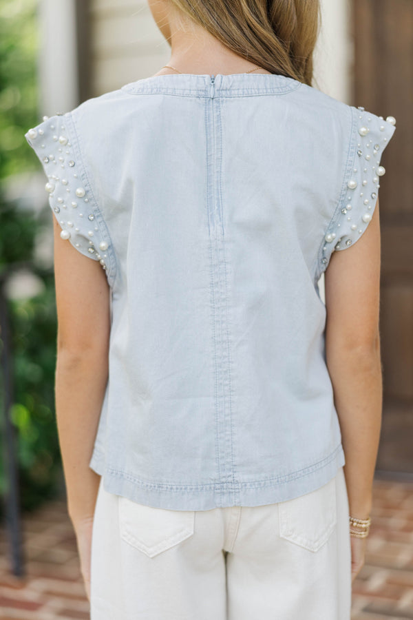 Girls: Radiant Glow Blue Pearl Embellished Blouse