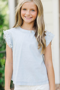 Girls: Radiant Glow Blue Pearl Embellished Blouse