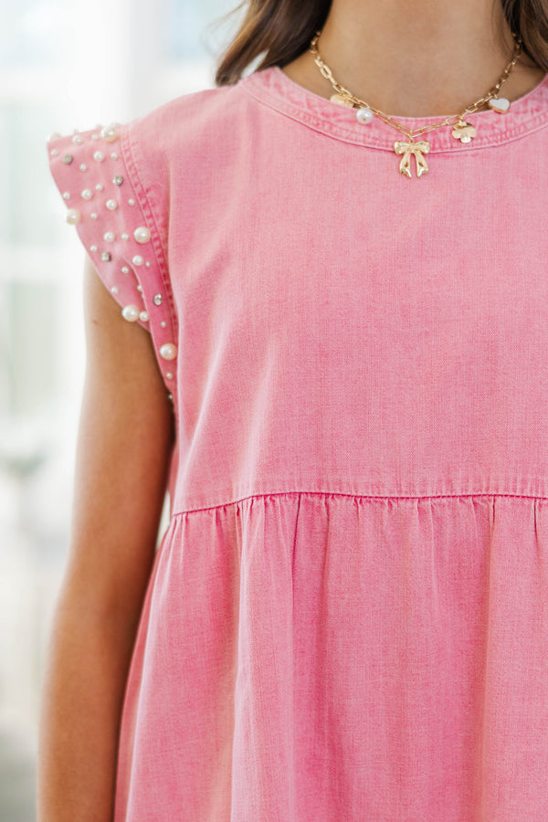 Girls: Radiant Glow Pink Pearl Embellished Dress