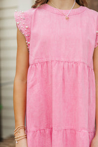 Girls: Radiant Glow Pink Pearl Embellished Dress