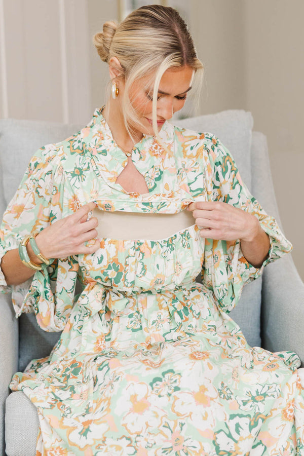 mint green floral midi dress A-Line Mint Green Floral Midi Cottagecore Corset Dress Mint Green / Medium