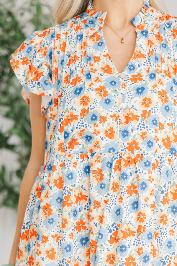 open lace back dress Blue and Orange Floral Midi Dress main image 0