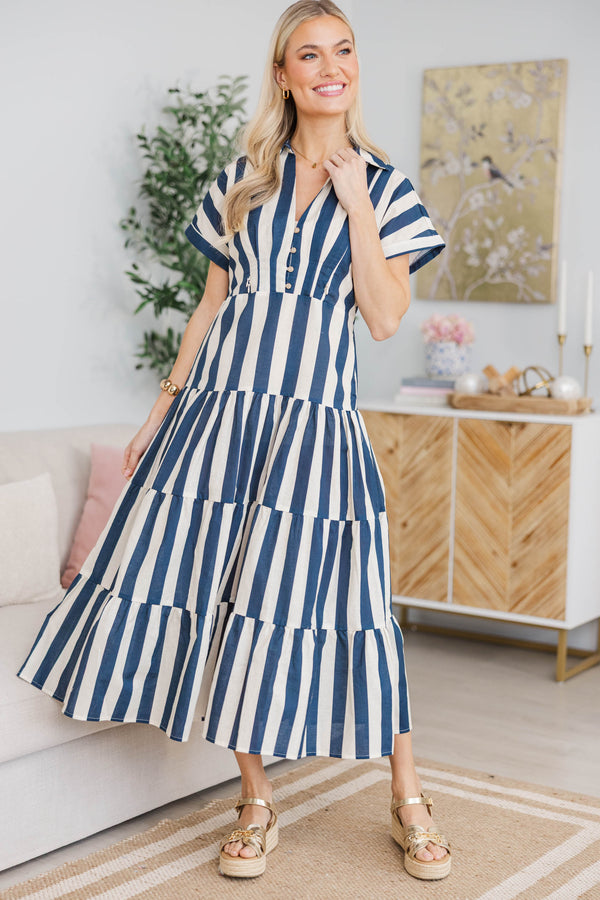 NURSING COLLECTION: Search Your Heart Navy Blue Striped Midi Dress