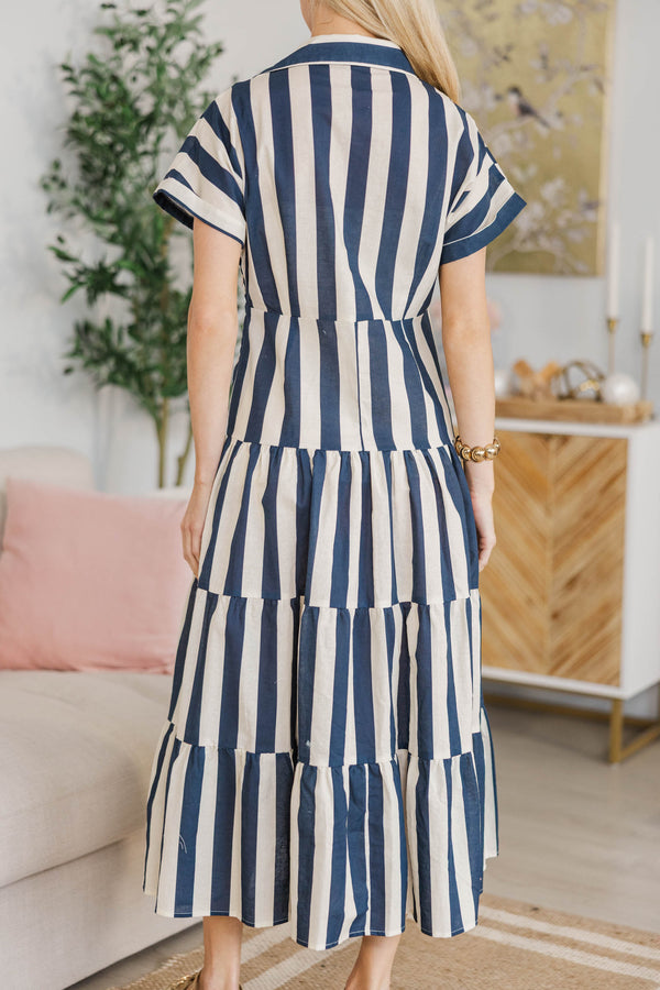 NURSING COLLECTION: Search Your Heart Navy Blue Striped Midi Dress