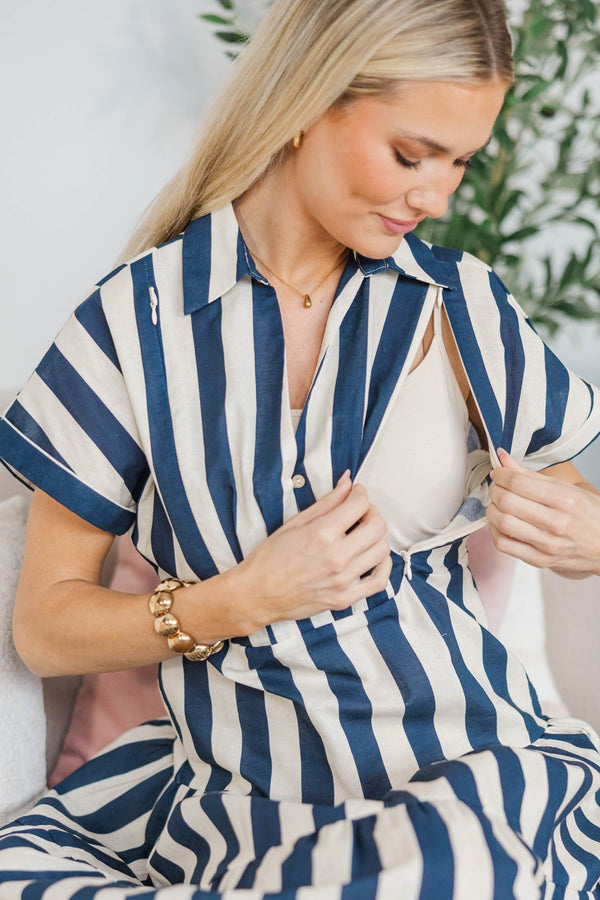 NURSING COLLECTION: Search Your Heart Navy Blue Striped Midi Dress