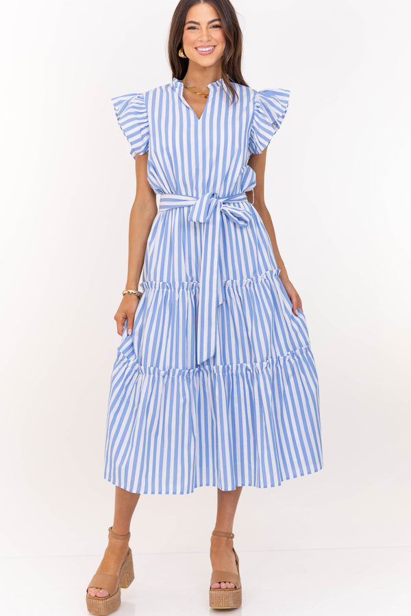 Loving You Well Light Blue Striped Midi Dress