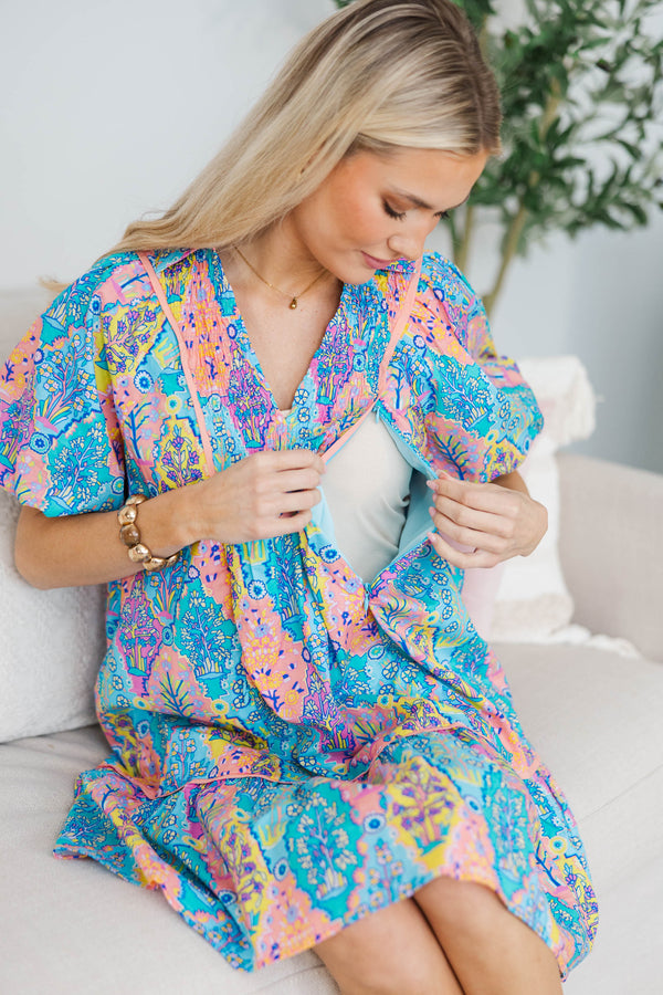 NURSING COLLECTION: As It Should Be Blue Mixed Print Dress