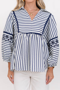 Cheerful Charm Navy Blue Striped Blouse