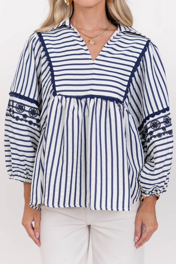 Cheerful Charm Navy Blue Striped Blouse