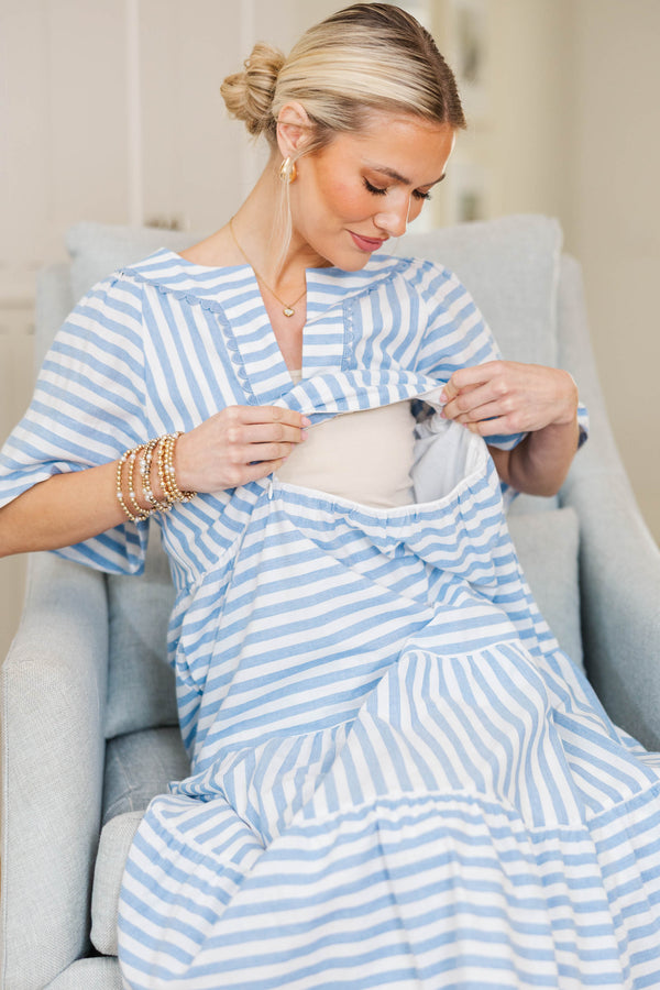 NURSING COLLECTION: Easy Win Light Blue Striped Midi Dress