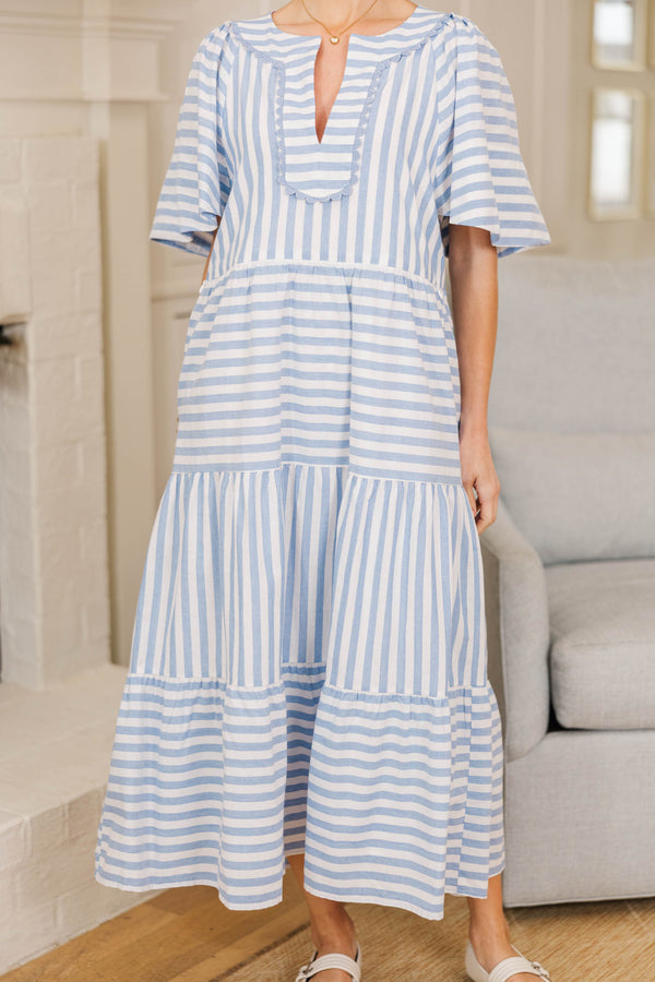 NURSING COLLECTION: Easy Win Light Blue Striped Midi Dress