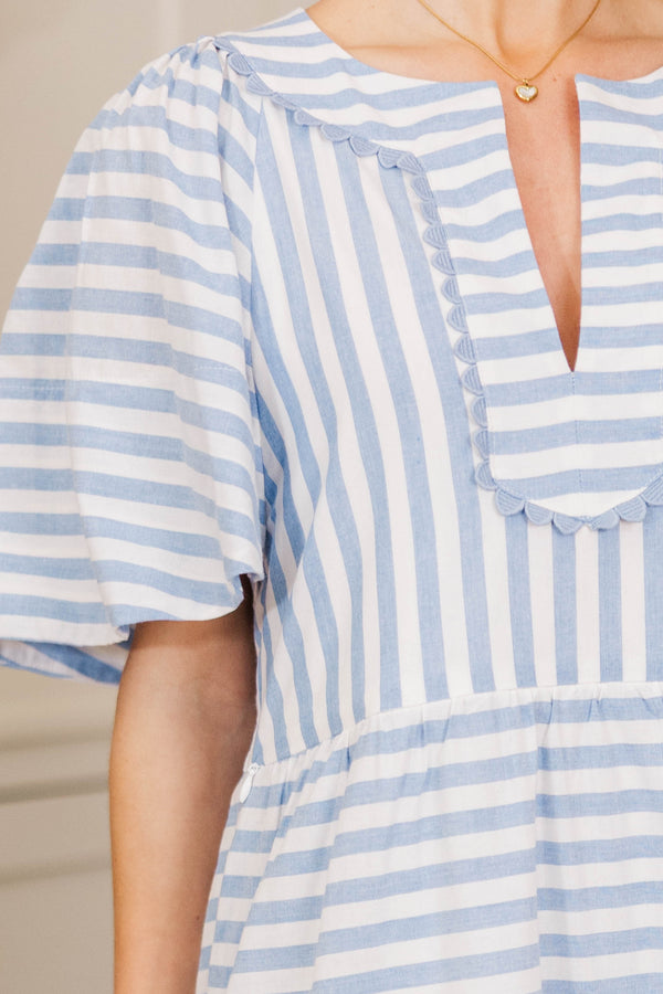 NURSING COLLECTION: Easy Win Light Blue Striped Midi Dress