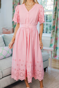 NURSING COLLECTION: Just Around The Corner Pink Eyelet Belted Midi Dress