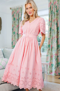 NURSING COLLECTION: Just Around The Corner Pink Eyelet Belted Midi Dress