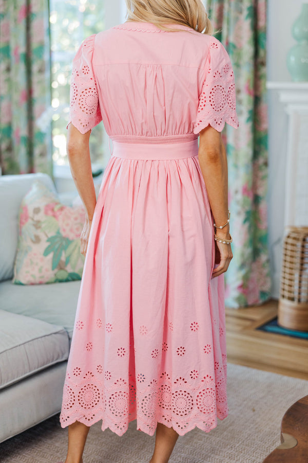 NURSING COLLECTION: Just Around The Corner Pink Eyelet Belted Midi Dress