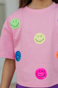 Girls: Color Pop Fun Multicolor Smiley Face Sequin Top