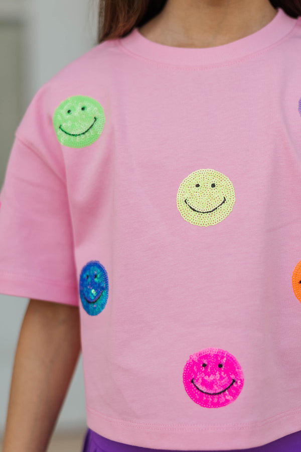 Girls: Color Pop Fun Multicolor Smiley Face Sequin Top