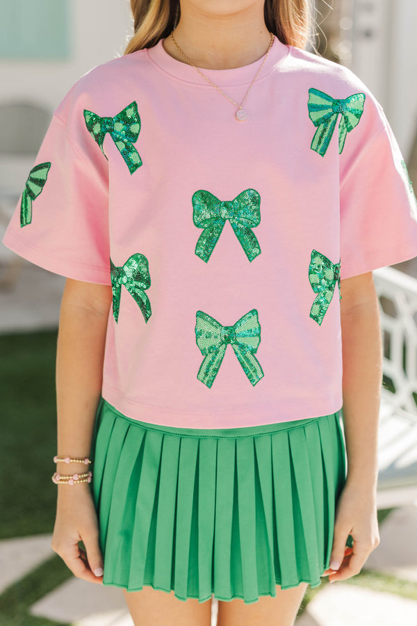 Girls: Sunshine Season Fun Green Novelty Bow Sequin Top