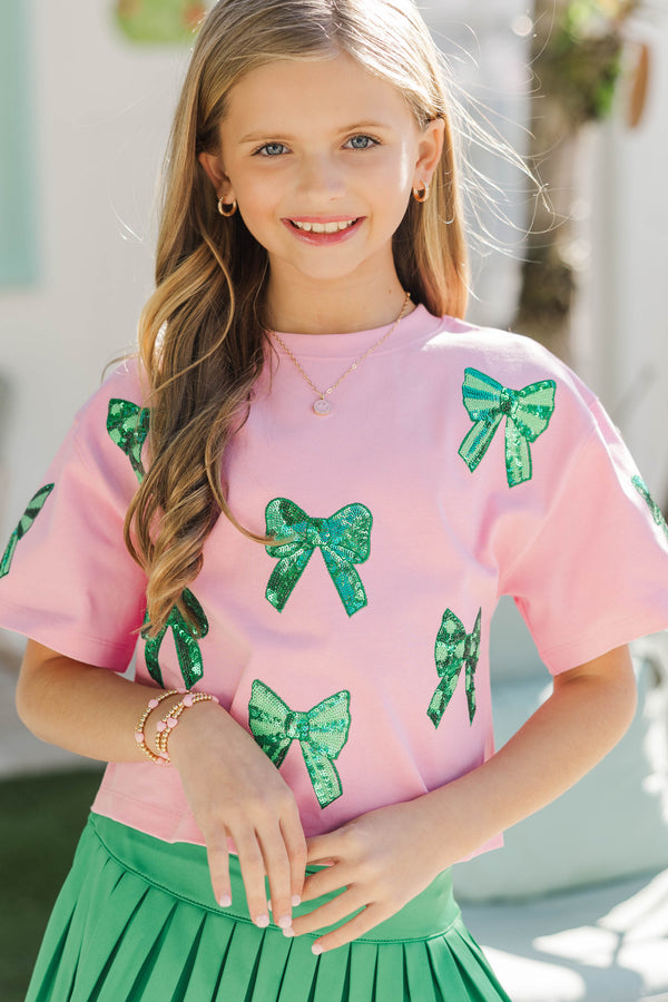 Girls: Sunshine Season Fun Green Novelty Bow Sequin Top