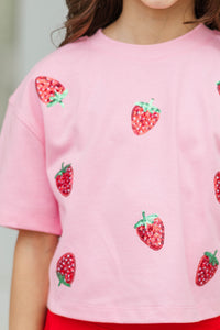 Girls: Sunshine Season Fun Red Strawberries Sequin Top