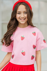 Girls: Sunshine Season Fun Red Strawberries Sequin Top