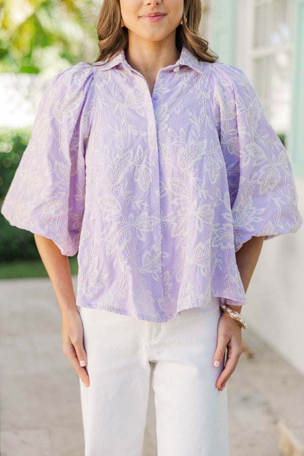 Let's Run Lavender Embroidered Bubble Sleeve Blouse